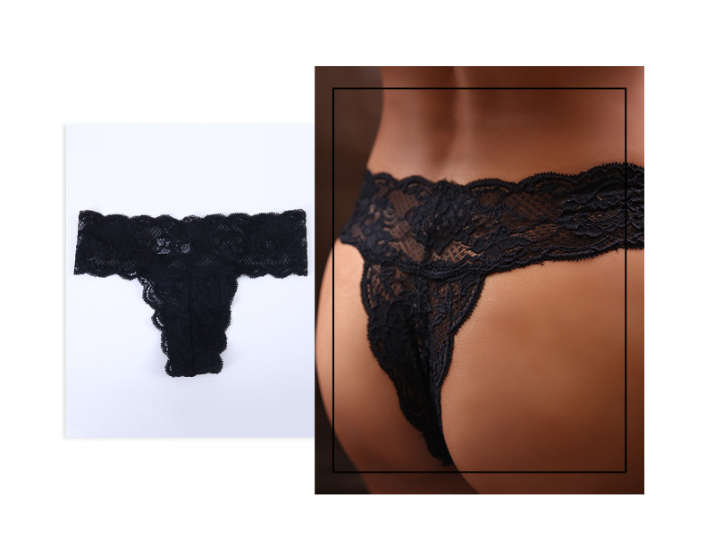 法式性感三角地帶蕾絲低腰丁字褲 (黑色)