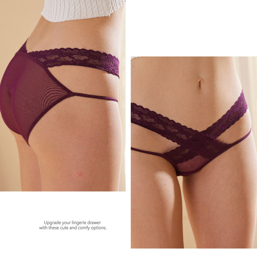 性感網紗大小細條蕾絲三角褲 (酒紅色)FREE