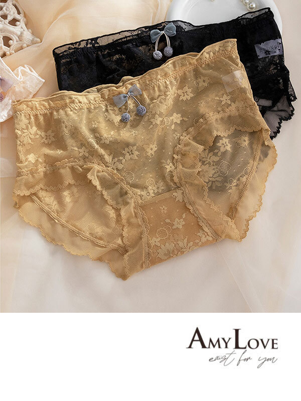 輕薄蕾絲網紗花前小毛球舒適透氣三角褲 (深膚黃色) M-XL