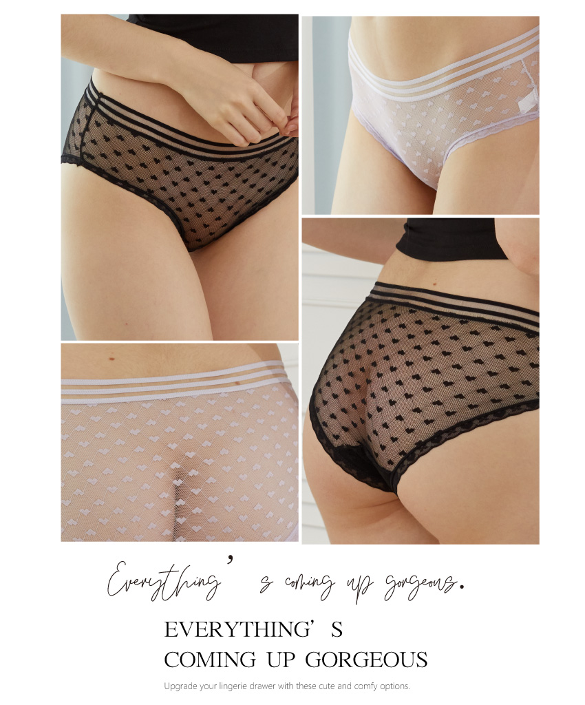 高透氣愛心緹花網紗包臀三角內褲 (黑色) M-XL