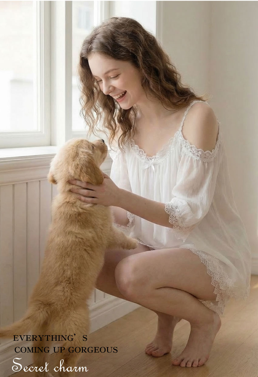 花邊一字型 居家寬鬆睡衣睡褲組 (白色) L