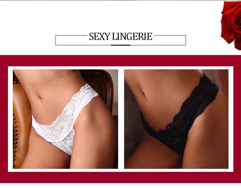 法式性感三角地帶蕾絲低腰丁字褲 (黑色)