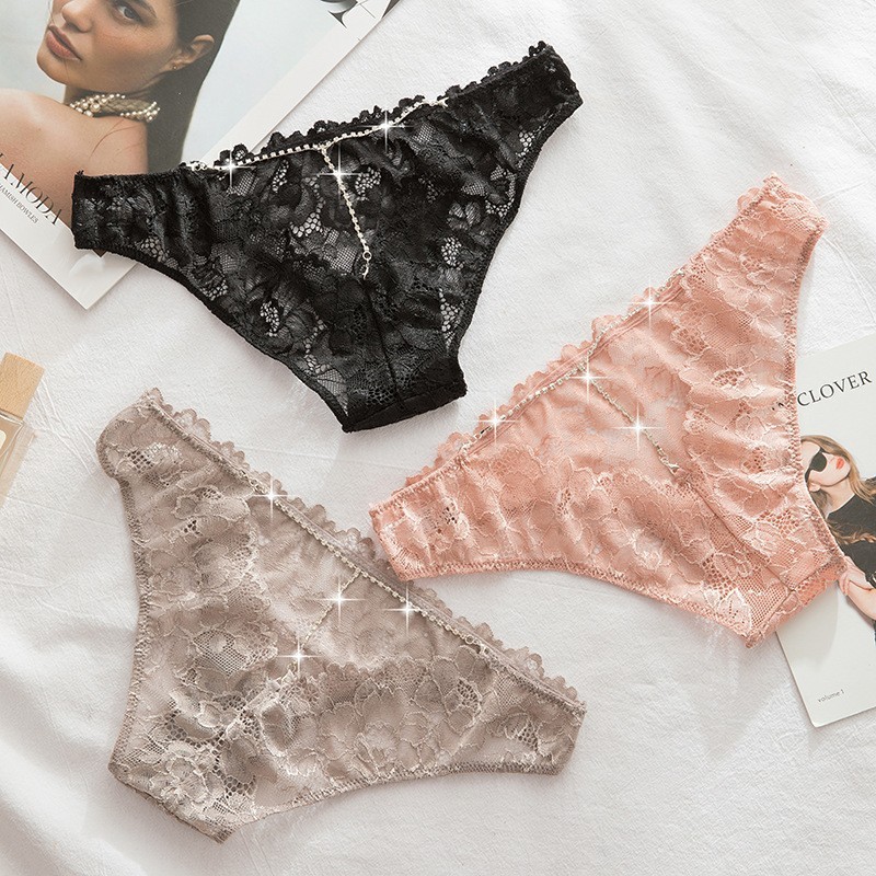 鑽飾V交叉性感鏤空蕾絲低腰三角褲 (白色) M-L