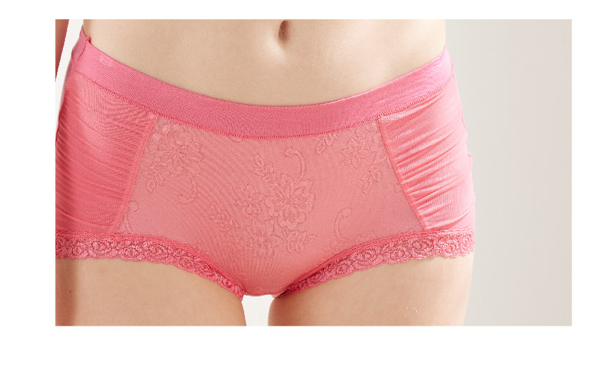 親膚柔感緹花蕾絲滾邊前抓皺彈力蠶絲高級褲 (玫瑰紅)