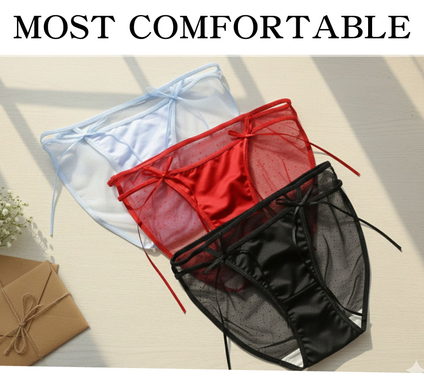 簍空線條月光緞面條低腰三角褲 (紅色) M-L