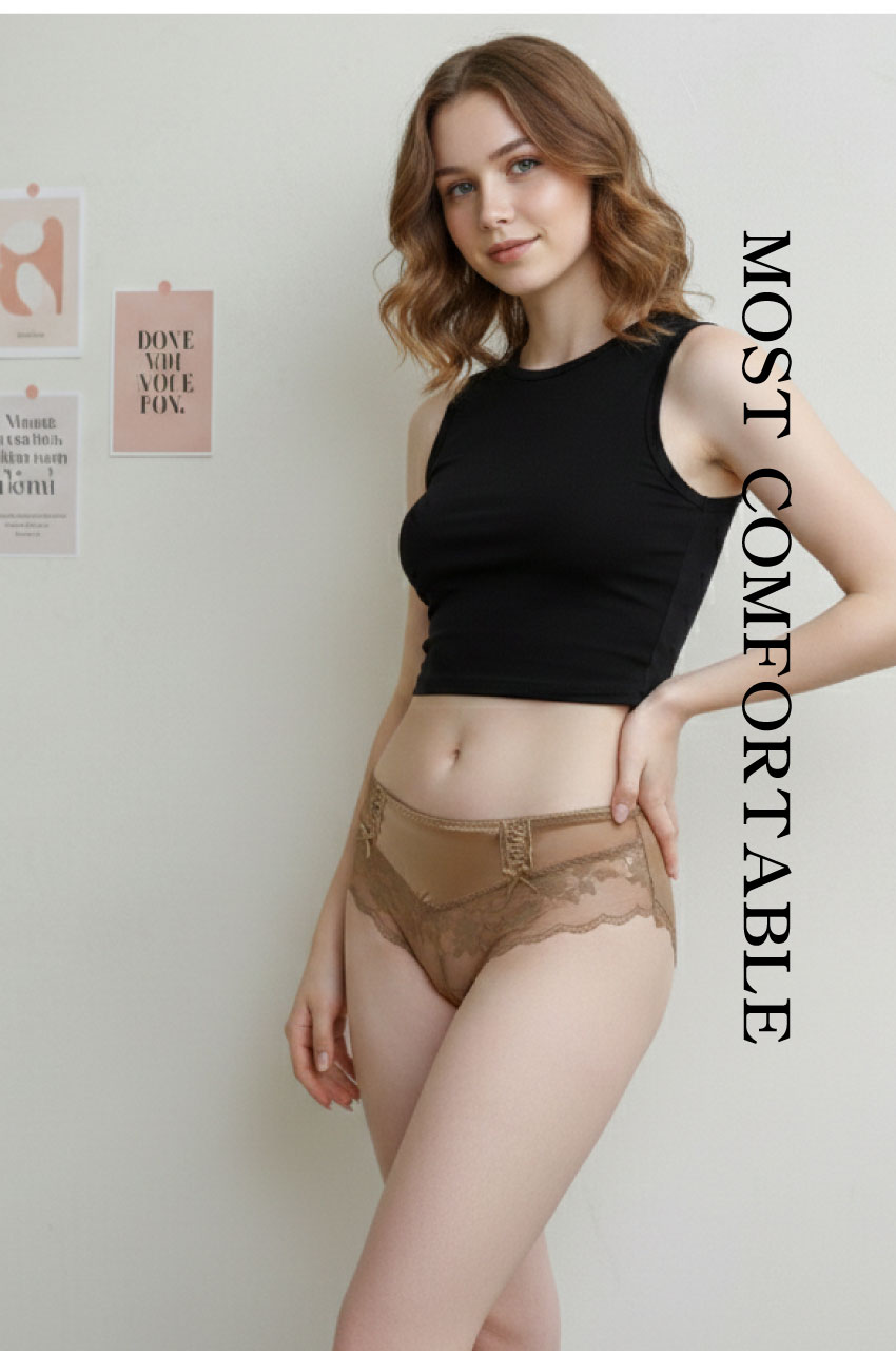 前小交叉網紗蕾絲緞面條低腰三角褲 (咖啡色) FREE