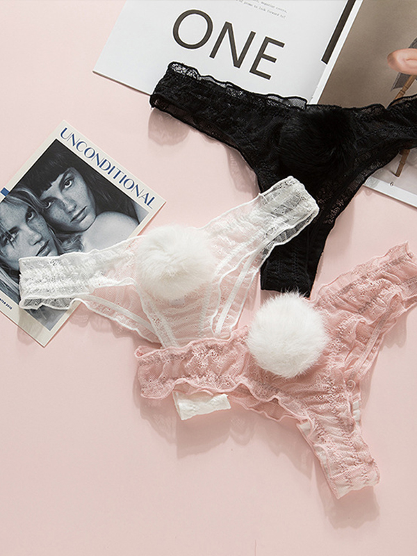 最乖乖蕾絲花邊性感狐狸毛毛丁字褲-可拆卸毛球 (粉色) M-L