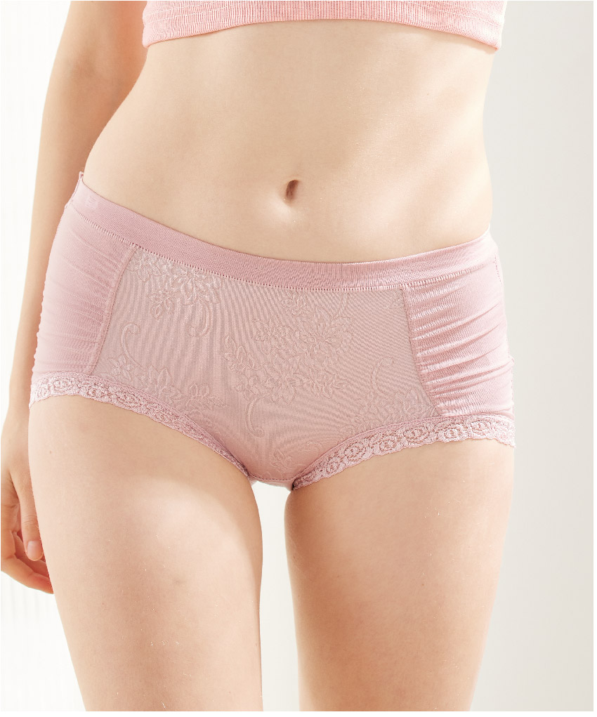 親膚柔感緹花蕾絲滾邊前抓皺彈力蠶絲高級褲 (玫瑰紅)
