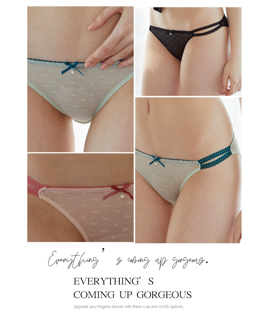 輕薄蕾絲網紗花透氣雙細條三角褲 (青綠色) M-L