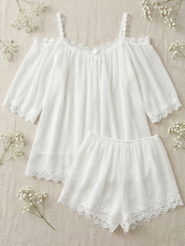 花邊一字型 居家寬鬆睡衣睡褲組 (白色) L