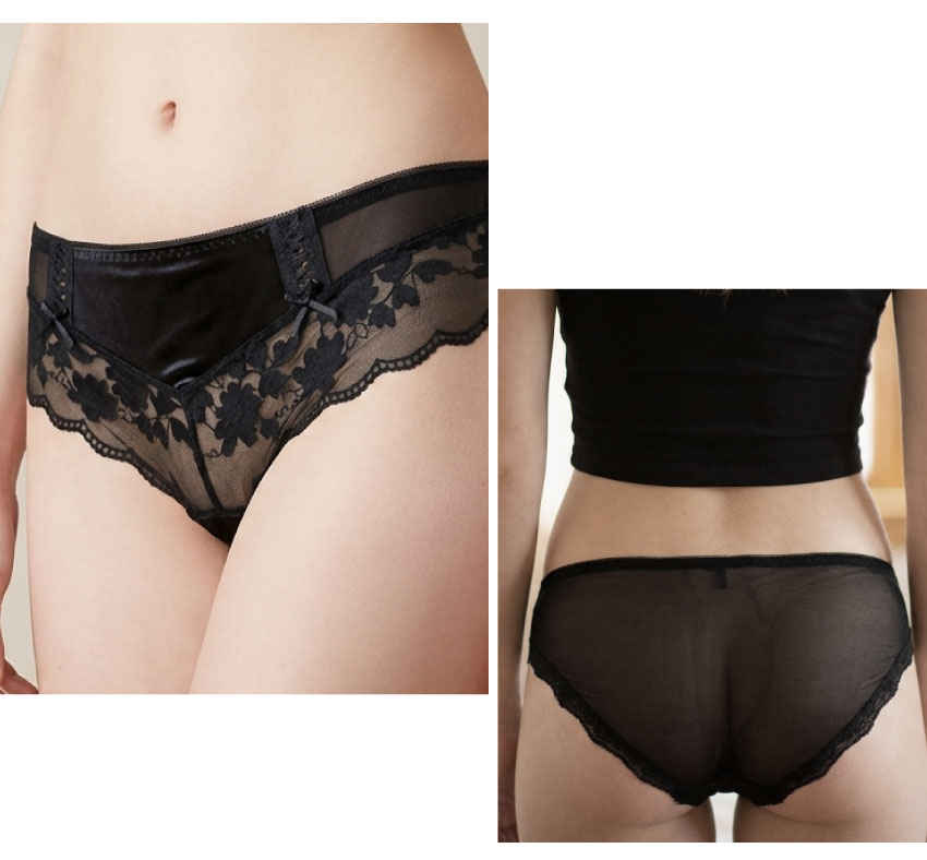 前小交叉網紗蕾絲緞面條低腰三角褲 (黑色) FREE