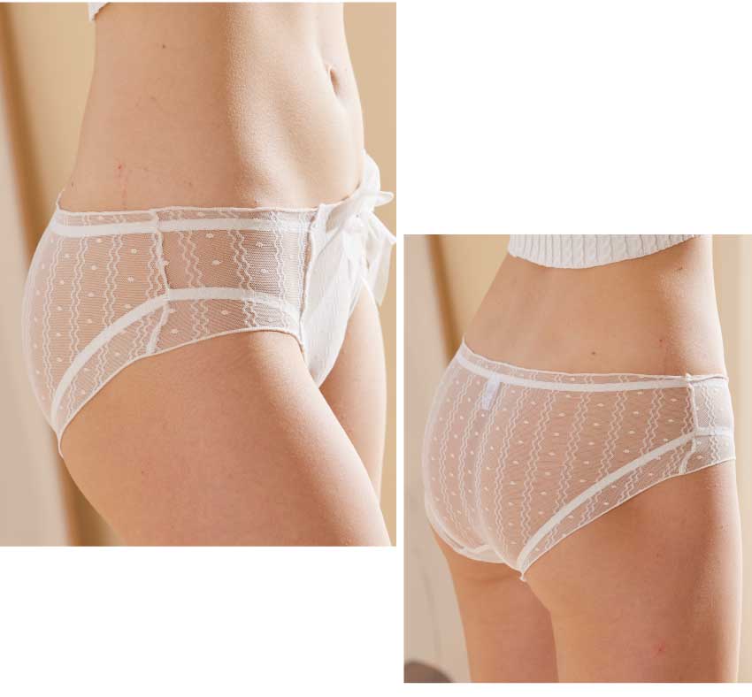 前精緻甜美蝴蝶結網紗低腰三角褲 (水藍白色) M-L