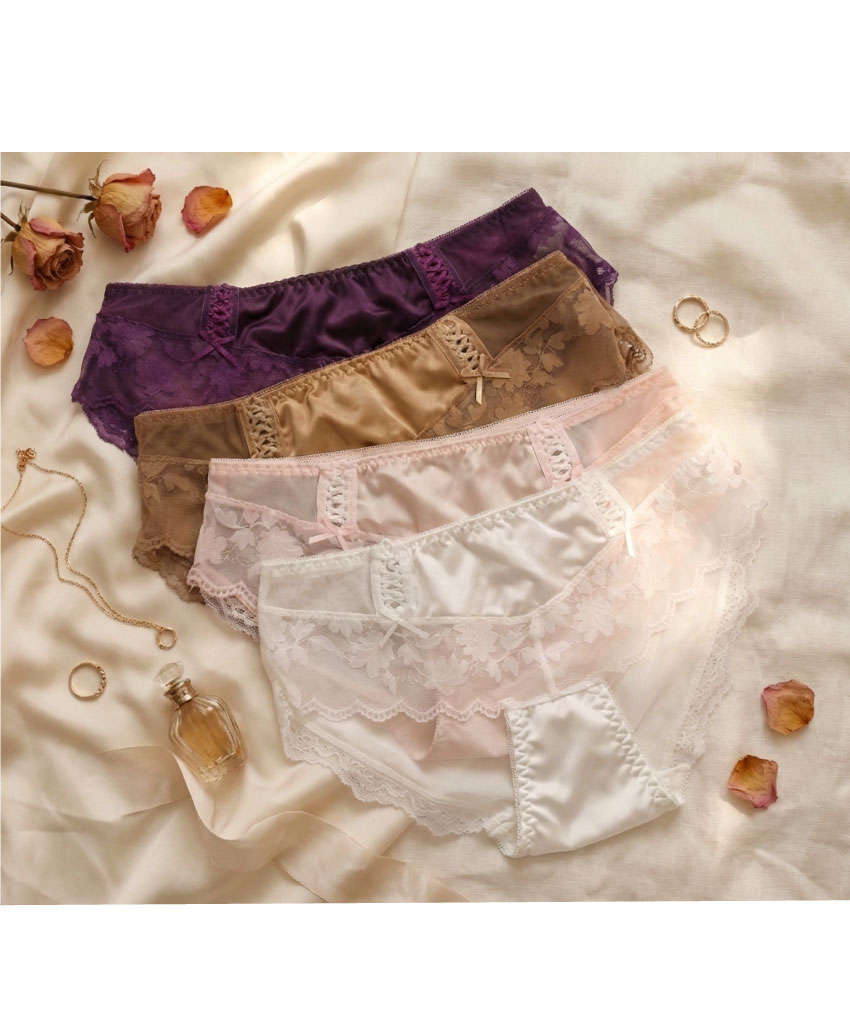 前小交叉網紗蕾絲緞面條低腰三角褲 (咖啡色) FREE