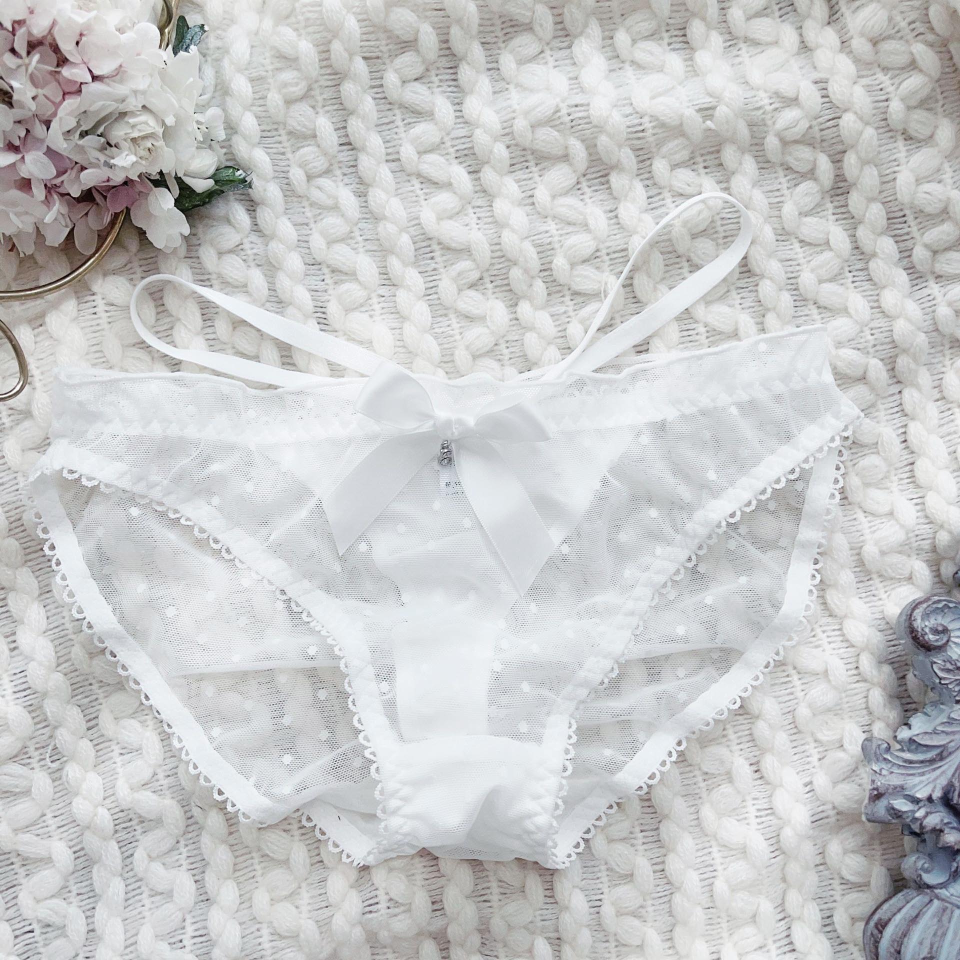 前鑽石緞帶蝴蝶結細帶低腰三角褲 (白色) M-L