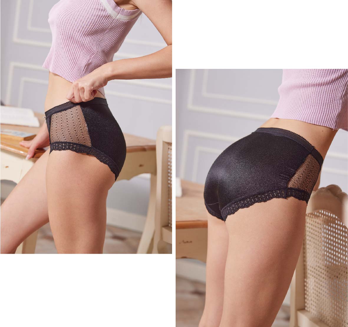 輕奢．絲綢感無痕透氣中腰蕾絲三角褲(黑色)
