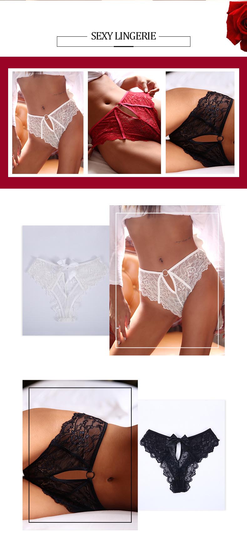 法式性感網紗蕾絲甜美蝴蝶結高腰三角褲 (紅色)