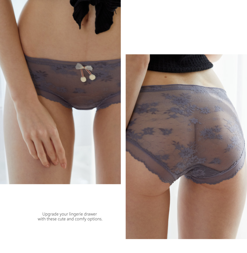 輕薄蕾絲網紗花前小毛球舒適透氣三角褲 (黑色) M-XL