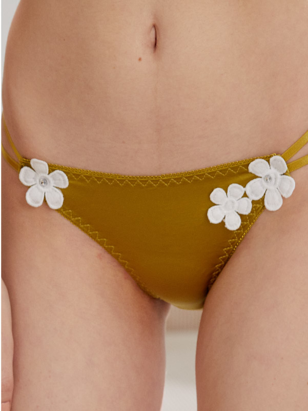 小花刺繡絲滑雙細條三角褲 (檸檬黃色) L-XL